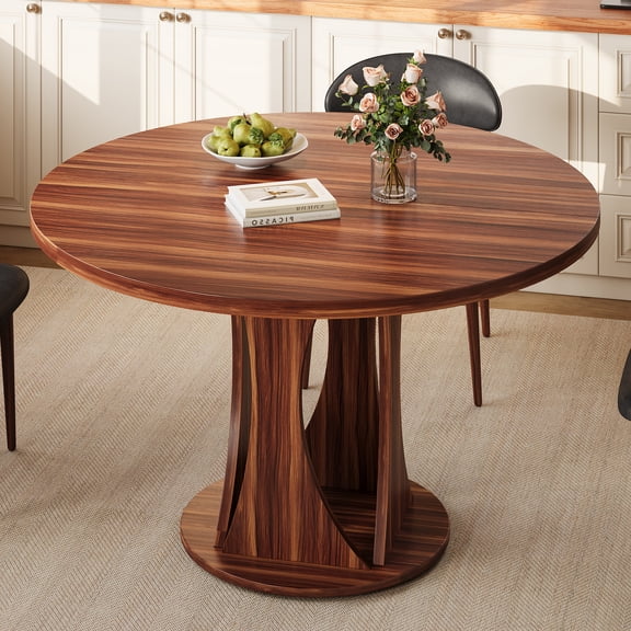 Virans 47.2" Round Dining Table for 4-6,Kitchen Dining Table with Double Curved Base & Back Panel Buckle Top,Modern Circle Dinner Table for Kitchens,Dining Rooms,Living Rooms,Walnut