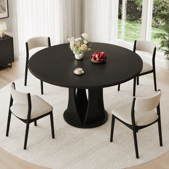 Virans 47.2" Round Dining Table for 4-6,Kitchen Dining Table with Double Curved Base & Back Panel Buckle Top,Modern Circle Dinner Table for Kitchens,Dining Rooms,Living Rooms,Black