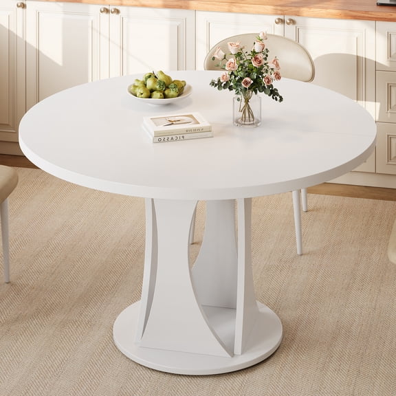 Virans 47.2" Round Dining Table for 4-6,Kitchen Dining Table with Double Curved Base & Back Panel Buckle Top,Modern Circle Dinner Table for Kitchens,Dining Rooms,Living Rooms,White