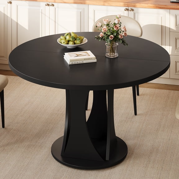 Virans 47.2" Round Dining Table for 4-6,Kitchen Dining Table with Double Curved Base & Back Panel Buckle Top,Modern Circle Dinner Table for Kitchens,Dining Rooms,Living Rooms,Black
