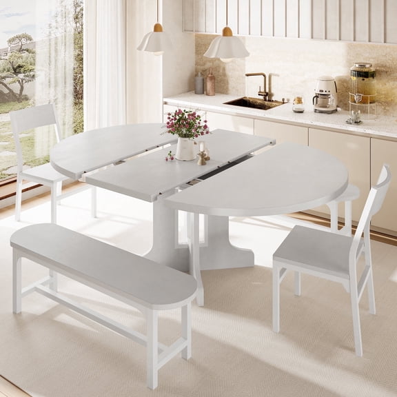Virans 5-Piece Round Room Dining Table Set for 4-6,59" Extendable Kitchen Table with 2 Ergonomic Chairs & 2 Benches,Oval Modern Dining Set with MDF Board for Small Space,White