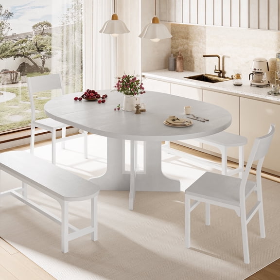 Virans 5-Piece Round Room Dining Table Set for 4-6,59" Extendable Kitchen Table with 2 Ergonomic Chairs & 2 Benches,Oval Modern Dining Set with MDF Board for Small Space,White