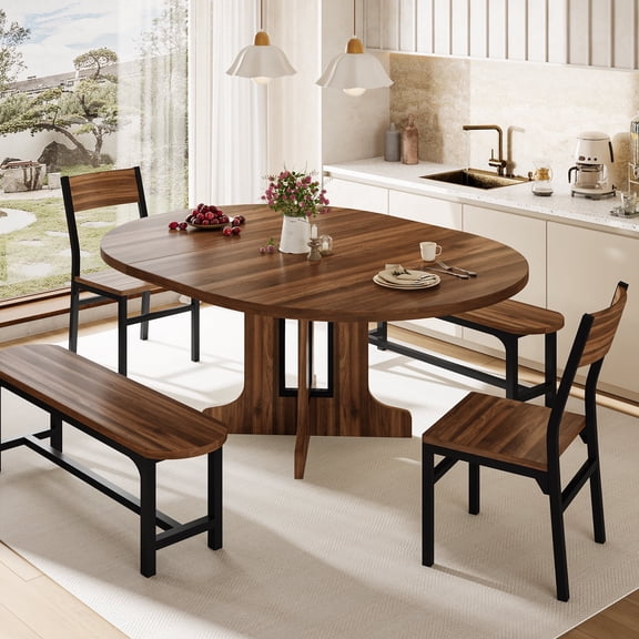 Virans 5-Piece Dining Table Set for 4-6,59" Extendable Kitchen Table Set with 2 Ergonomic Chairs & 2 Benches,Oval Modern Dining Set with MDF Board for Small Space,Walnut