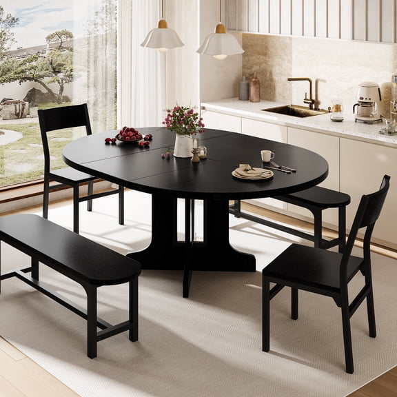 Virans 5-Piece Round Room Dining Table Set for 4-6,59" Extendable Kitchen Table with 2 Ergonomic Chairs & 2 Benches,Oval Modern Dining Set with MDF Board for Small Space,Black