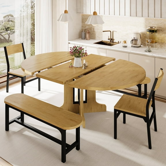 Virans 5-Piece Round Room Dining Table Set for 4-6,59" Extendable Kitchen Table with 2 Ergonomic Chairs & 2 Benches,Oval Modern Dining Set with MDF Board for Small Space,Oak