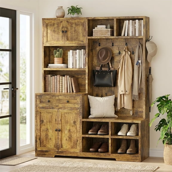 Virans 5-in-1 Hall Tree with Bench and Shoe Storage, 51" W Entryway Organizer Coat Rack with 9 Hooks, 2 Storage Cabinets, Drawer, Open Cubbies for Mudroom, Hallway, Living Room,Rustic Brown