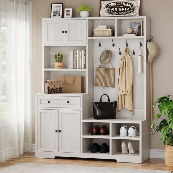 Virans 5-in-1 Hall Tree with Shoe Storage, 2 Storage Cabinets, Drawer, Open Cubbies, 9 Hooks for Mudroom, Living Room, Rustic White
