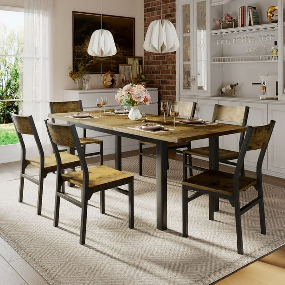 Virans 7-Piece Dining Table & Chairs Set for 4-6, 63" Extendable Kitchen Table with 6 Chairs, Dining Room Table with Metal Frame & MDF Board, Perfect for Small Space, Easy Assembly,Rustic Brown