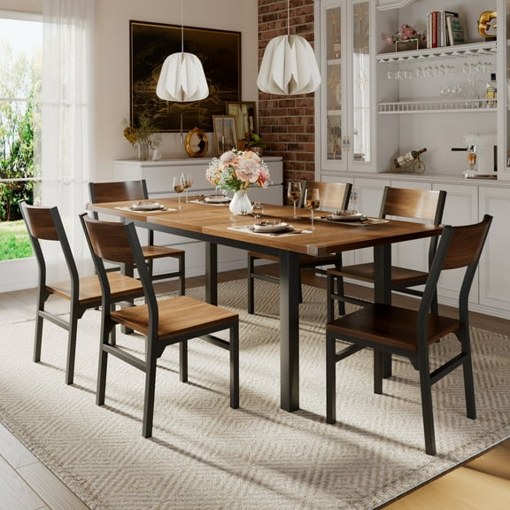 Virans 7-Piece Dining Table & Chairs Set for 4-6, 63" Extendable Kitchen Table with 6 Chairs, Dining Room Table with Metal Frame & MDF Board, Perfect for Small Space, Easy Assembly,Walnut