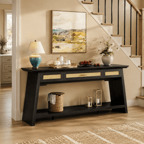 Virans 70.9" Rattan Console Table with Storage Drawer and Lower Shelf, Long Narrow Entryway Table for Living Room, Hallway or Behind Sofa, Black