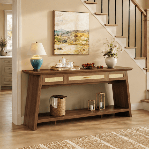 Virans 70.9”Rattan Entryway Table with Drawer,Narrow Long Console Table for Living Room,Hallway,Behind Couch,Rustic Brown
