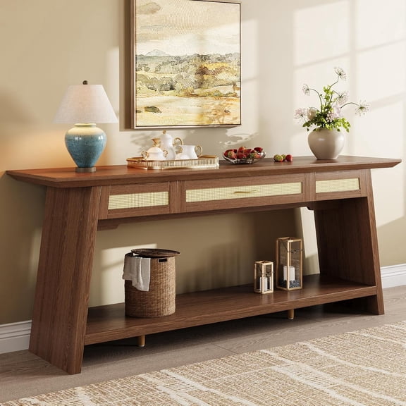 Virans 70.9”Rattan Entryway Table with Drawer,Narrow Long Console Table for Living Room,Hallway,Behind Couch,Rustic Brown