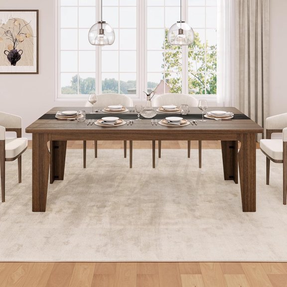 Virans 71”Rectangular Dining Table for 6-8, Wooden Kitchen Table with Marble Texture Finish for Dining Room Living Room, Brown
