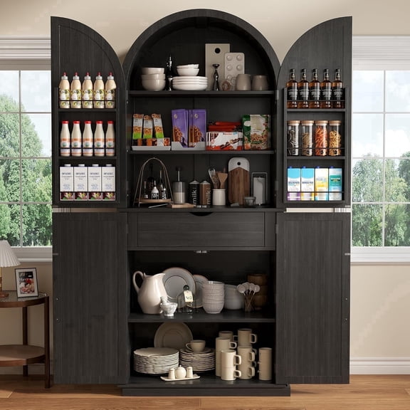 Virans 71" Arched Pantry Cabinet,6-Tier Large Storage Cabinet with 2 Doors,Adjustable Shelves & Drawer for Living Room,Dining Room,Kitchen,Black