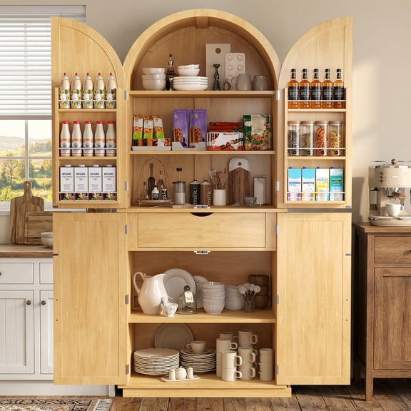 Virans 71" Arched Pantry Cabinet,6-Tier Large Storage Cabinet with 2 Doors,Adjustable Shelves & Drawer for Living Room,Dining Room,Kitchen,Natural