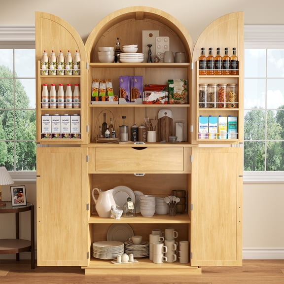 Virans 71" Tall Arched Kitchen Pantry Storage Cabinet,6-Tier Large Storage Cabinet with 2 Doors,Adjustable Shelves & Drawer for Living Room,Dining Room,Kitchen,Natural