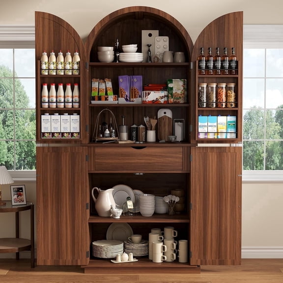 Virans 71" Arched Pantry Cabinet,6-Tier Large Storage Cabinet with 2 Doors,Adjustable Shelves & Drawer for Living Room,Dining Room,Kitchen,Walnut