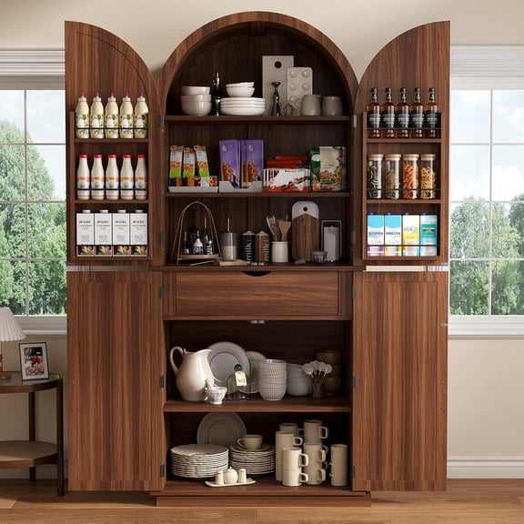 Virans 71" Tall Arched Kitchen Pantry Storage Cabinet,6-Tier Large Storage Cabinet with 2 Doors,Adjustable Shelves & Drawer for Living Room,Dining Room,Kitchen,Walnut