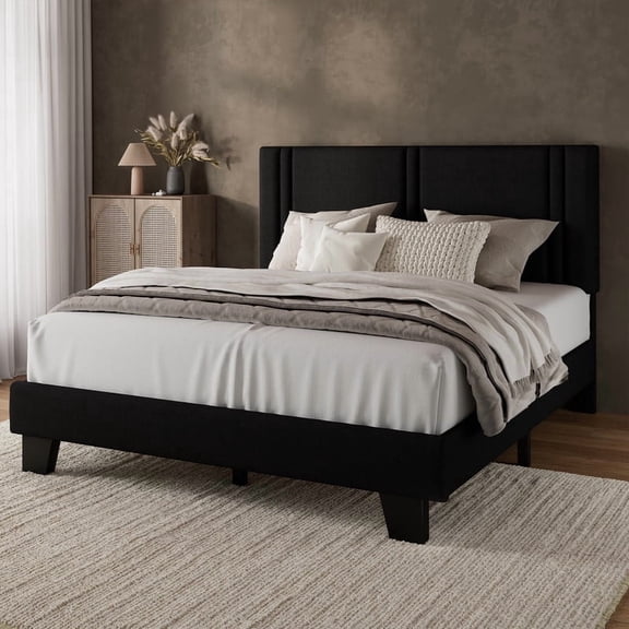 Virans Full Size Bed Frame, Velvet Platform Bed Frame with Upholstered Headboard, No Box Spring Needed, Black