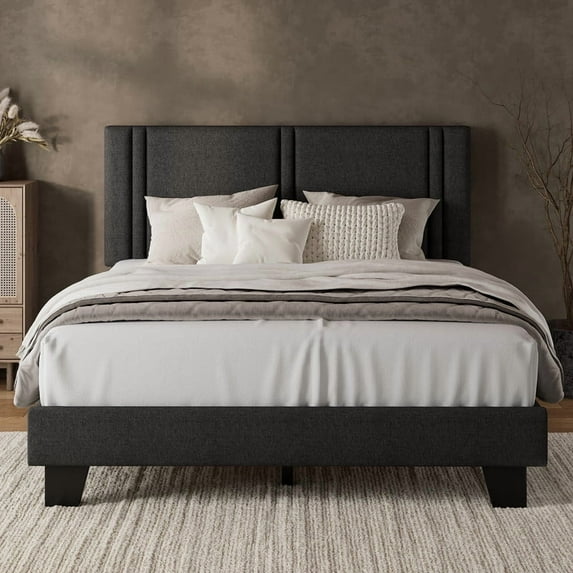 Virans Full Size Bed Frame, Linen Platform Bed Frame with Upholstered Headboard,Sturdy Solid Wood Slats Support,Noise Free,No Box Spring, Easy to Assemble - Dark Gray