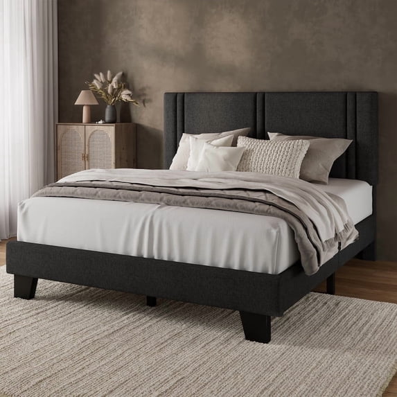 Virans Full Size Bed Frame, Linen Platform Bed Frame with Upholstered Headboard,Sturdy Solid Wood Slats Support,Noise Free,No Box Spring, Easy to Assemble - Dark Gray