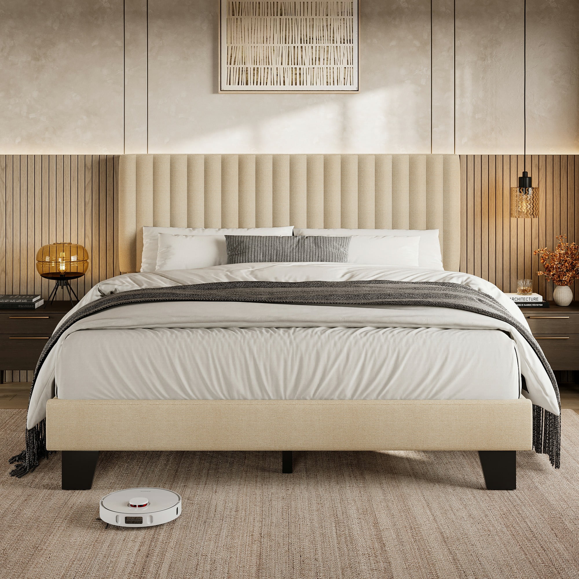Virans Full Size Bed Frame, Upholstered Linen Platform Bed frame with Fabric Headboard,Solid Wood Slats Support,Noise Free,No Box Spring,Easy Assembly,Beige
