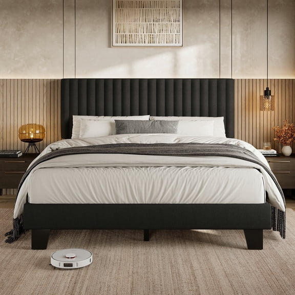 Virans Full Size Bed Frame with Linen Upholstered Headboard, Platform Bed Frame, No Box Spring Needed, Wooden Slat Support, Black