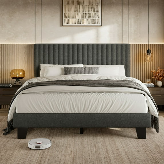 Virans Full Size Bed Frame, Upholstered Linen Platform Bed frame with Fabric Headboard,Solid Wood Slats Support,Noise Free,No Box Spring,Easy Assembly,Dark Gray