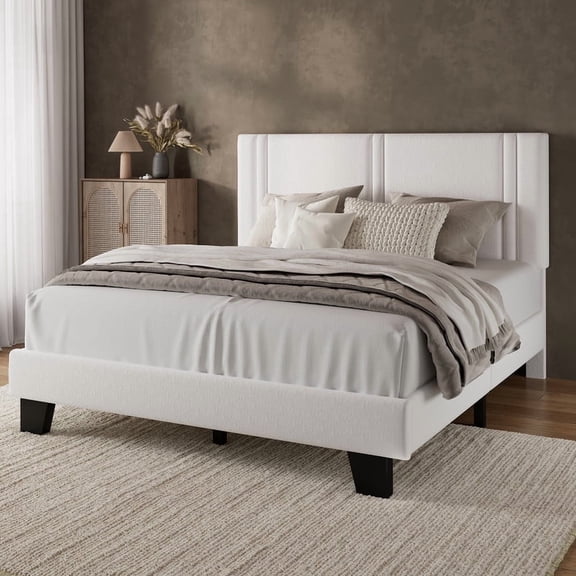 Virans Full Size Bed Frame, Velvet Platform Bed Frame with Upholstered Headboard, No Box Spring Needed, White