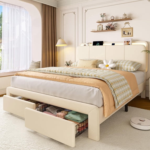 Virans Full Size Velvet Upholstered Bed Frame with Headboard & 2 Storage Drawers,Princess Platform Bed Frame with Charging Station & LED,No Box Spring Needed,Beige
