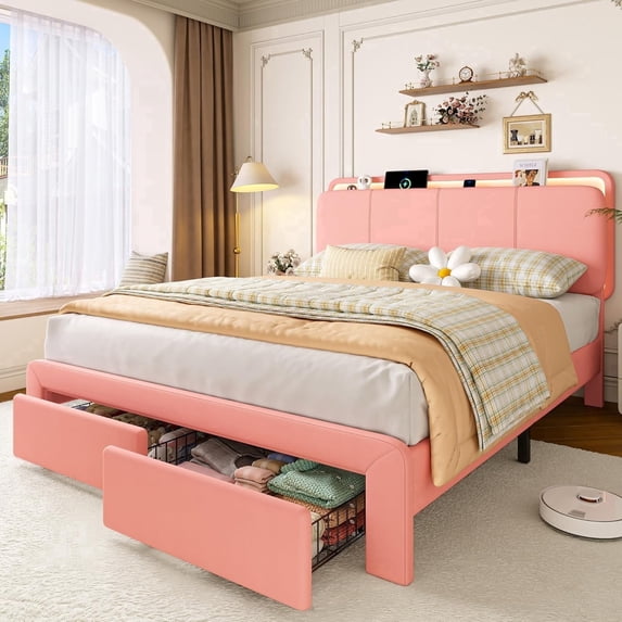 Virans Full Size Velvet Upholstered Bed Frame with Headboard & 2 Storage Drawers,Princess Platform Bed Frame with Charging Station & LED,No Box Spring Needed,Pink
