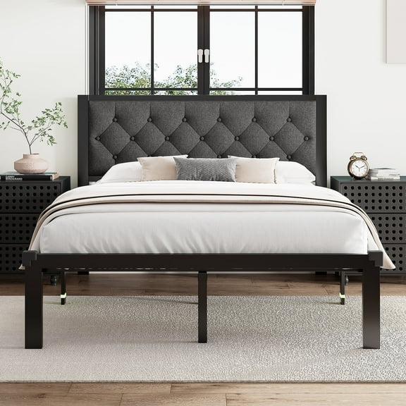 Virans Queen Bed Frame with Linen Soft Padded Tufted Headboard, Heavy-Duty Metal Slat Supported Platform Bed, 12"Space Storage Under the Bed, Easy to Assemble, Dark Grey