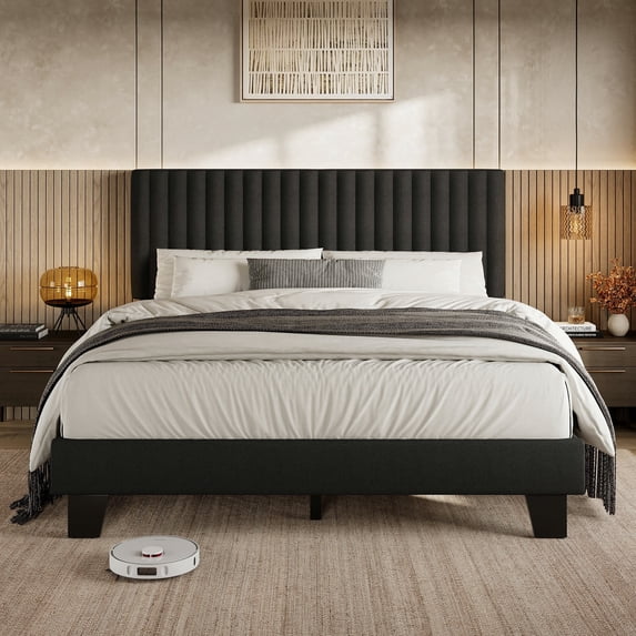 Virans Queen Size Bed Frame,Upholstered Linen Platform Bed frame with Fabric Headboard,Solid Wood Slats Support,Noise Free,No Box Spring,Easy Assembly,Black