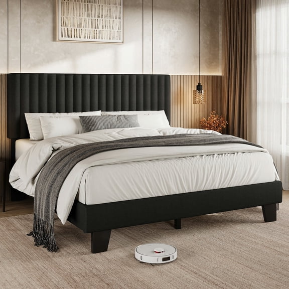 Virans Queen Size Bed Frame,Upholstered Linen Platform Bed frame with Fabric Headboard,Solid Wood Slats Support,Noise Free,No Box Spring,Easy Assembly,Black