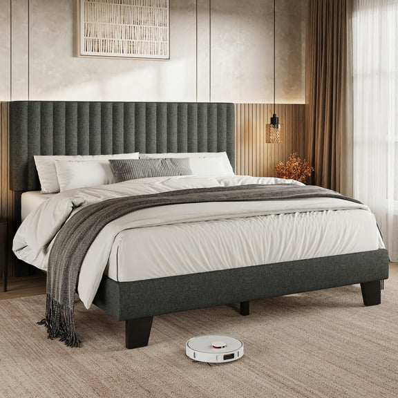 Virans Queen Size Bed Frame,Upholstered Linen Platform Bed frame with Fabric Headboard,Solid Wood Slats Support,Noise Free,No Box Spring,Easy Assembly,Dark Gray