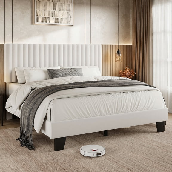 Virans Queen Size Bed Frame,Upholstered Linen Platform Bed frame with Fabric Headboard,Solid Wood Slats Support,Noise Free,No Box Spring,Easy Assembly,White