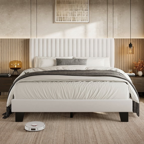 Virans Queen Size Bed Frame,Upholstered Linen Platform Bed frame with Fabric Headboard,Solid Wood Slats Support,Noise Free,No Box Spring,Easy Assembly,White
