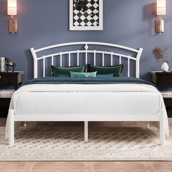 Virans Queen Size Metal Platform Bed With Victorian Style Headboard, Heavy Duty Steel Slat Support, 12"Under Bed Storage,Easy Assembly, White