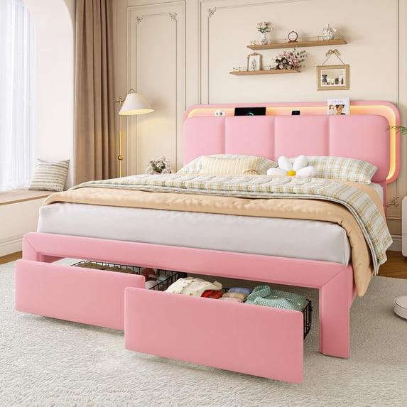 Virans Queen Size Velvet Upholstered Bed Frame with Headboard & 2 Storage Drawers,Princess Platform Bed Frame with Charging Station & LED,No Box Spring Needed,Pink
