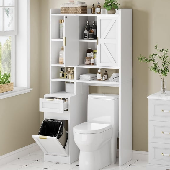 Virans Over The Toilet Storage Cabinet with Hidden Odor-Proof Trash Can,Toilet Paper Holder,Open Shelves for Bathroom,Restroom,Laundry,White