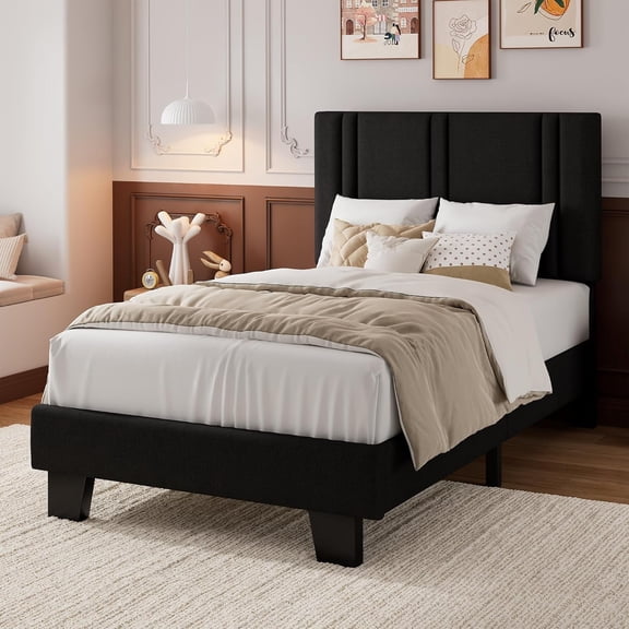 Virans Twin Size Bed Frame, Linen Platform Bed Frame with Upholstered Headboard,Sturdy Solid Wood Slats Support,Noise Free,No Box Spring, Easy to Assemble - Black
