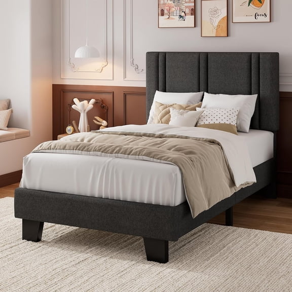 Virans Twin Size Bed Frame, Linen Platform Bed Frame with Upholstered Headboard,Sturdy Solid Wood Slats Support,Noise Free,No Box Spring, Easy to Assemble - Dark Gray