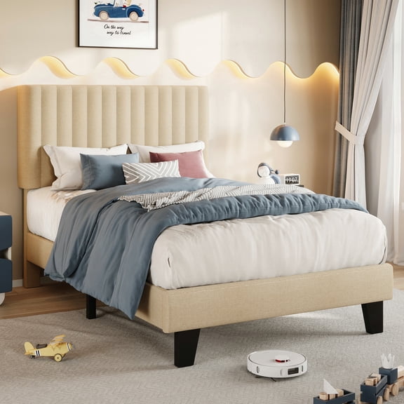 Virans Twin Size Bed Frame with Linen Upholstered Headboard, Platform Bed Frame, No Box Spring Needed, Wooden Slat Support, Beige