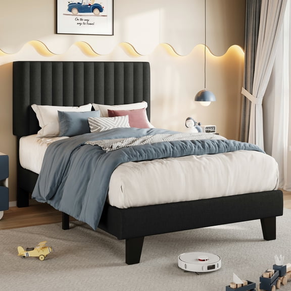 Virans Twin Size Bed Frame,Upholstered Linen Platform Bed frame with Fabric Headboard,Solid Wood Slats Support,Noise Free,No Box Spring,Easy Assembly,Black