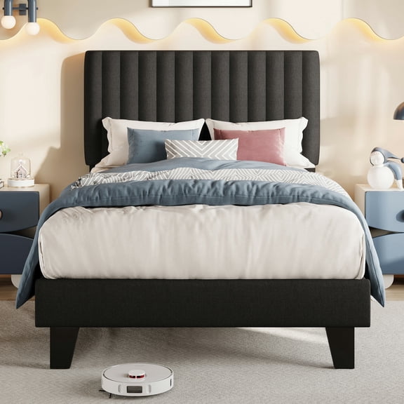 Virans Twin Size Bed Frame,Upholstered Linen Platform Bed frame with Fabric Headboard,Solid Wood Slats Support,Noise Free,No Box Spring,Easy Assembly,Black