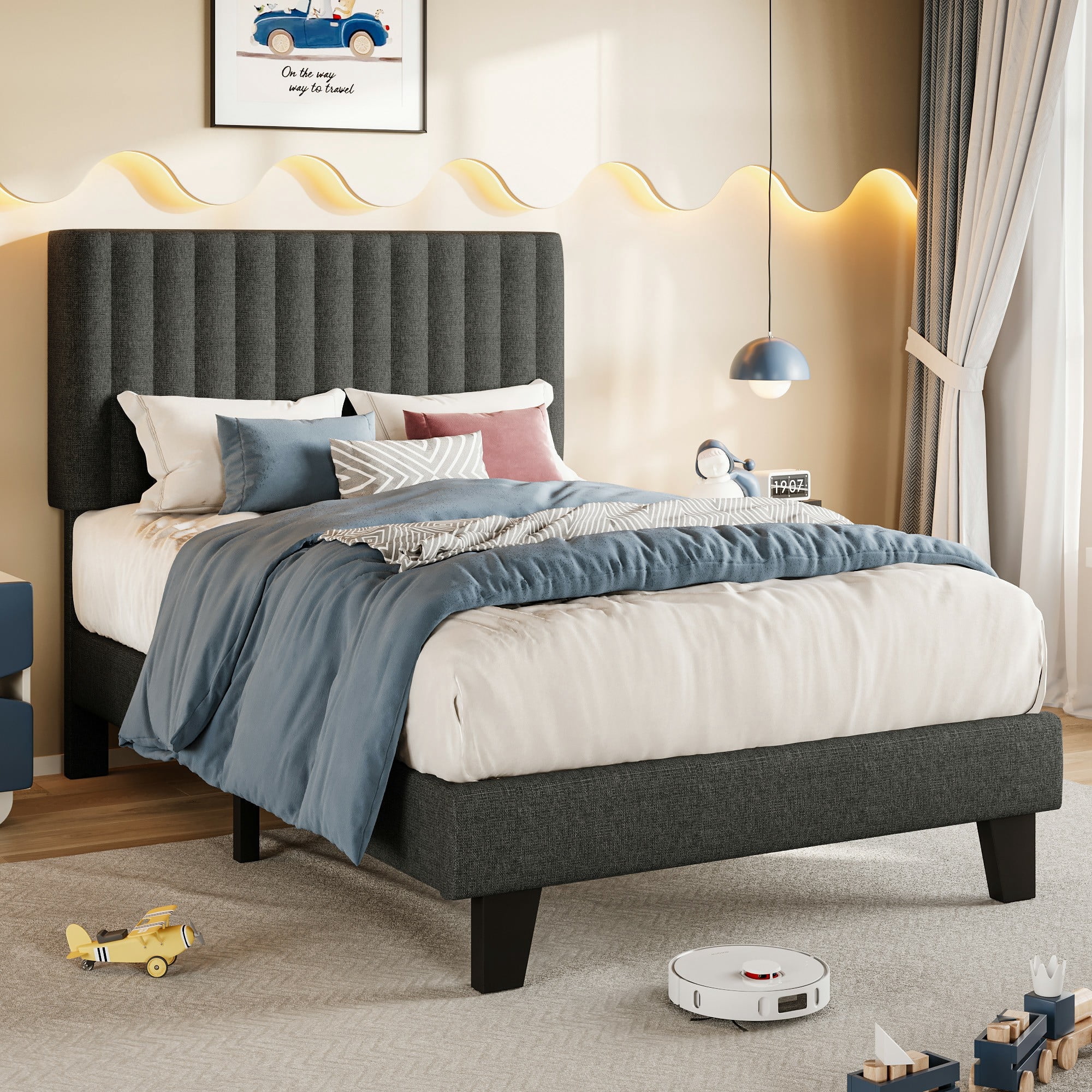 Virans Twin Size Bed Frame,Upholstered Linen Platform Bed frame with Fabric Headboard,Solid Wood Slats Support,Noise Free,No Box Spring,Easy Assembly,Dark Gray