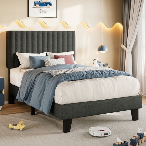 Virans Twin Size Bed Frame,Upholstered Linen Platform Bed frame with Fabric Headboard,Solid Wood Slats Support,Noise Free,No Box Spring,Easy Assembly,Dark Gray
