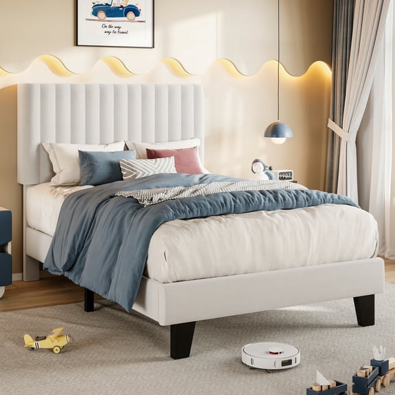 Virans Twin Size Bed Frame with Linen Upholstered Headboard, Platform Bed Frame, No Box Spring Needed, Wooden Slat Support, White