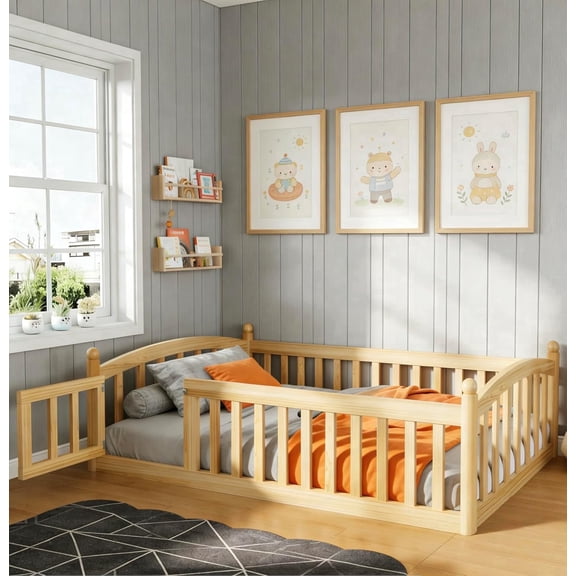 Virans Twin Size Floor Bed with Fence & Door, Montessori Floor Bed Frame with Slats and Safety Guardrail for Kids, Girls, Boys, Natural