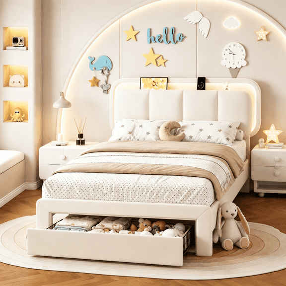 Virans Twin Size Bed Frame, Velvet Upholstered Platform Bed with LED Lights, Storage Drawers, Charging Station, No Box Spring Needed, Beige